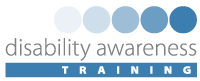 Disability Awareness training logo with gray text and white text in a blue rectangle. On top, there are five blue circles, each varying in different shades of blue.
