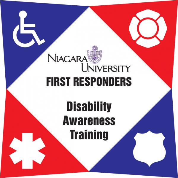 Niagara University First Responders Disability Awareness Training Logo. Includes the handicap logo, Police, Fire, and EMS logos in the four corners with red and blue backgrounds.