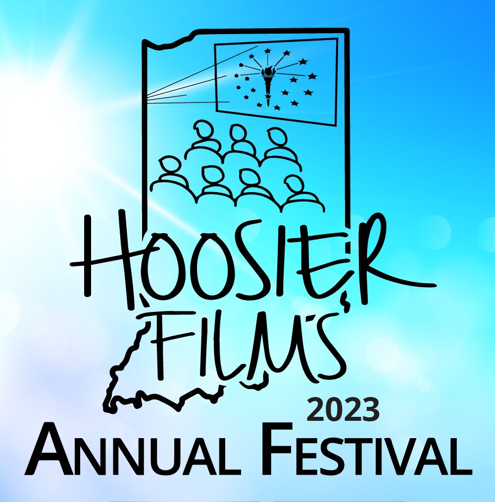 Hoosier Films Annual Festival 2023 Icon with a sky blue background and an outline of Indiana surrounding people sitting in movie theater seats.