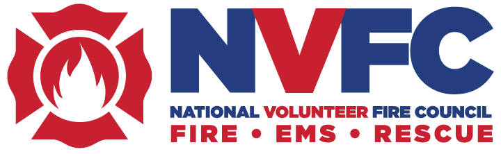 National Volunteer Fire Council Logo in dark blue and deep red which shows a firefighter symbol with a flame in the middle and the text, 