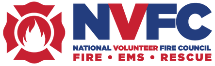 National Volunteer Fire Council Logo in dark blue and deep red which shows a firefighter symbol with a flame in the middle and the text, 