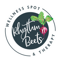 Rhythm n' Beets Wellness Spot and Therapy logo, with white and blue text and a beet vegetable behind n'.
