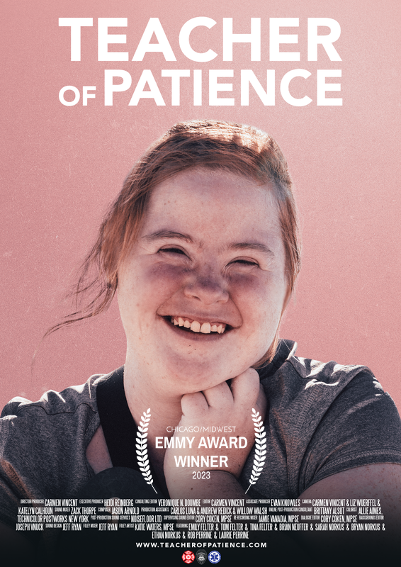 Teacher of Patience film poster in the middle. A salmon pink backdrop with blocky white text that reads “Teacher of Patience.” Front and center is a picture of Emily Felter, the star of Teacher of Patience. She is smiling with her hand framing her face. Her straight blonde hair is up in a ponytail, and she’s wearing a grey athletic top. Three emblems for fire, police, and EMS; red, grey, and blue respectively. White laurel with text that reads Chicago/Midwest Emmy Award Winner 2023.
